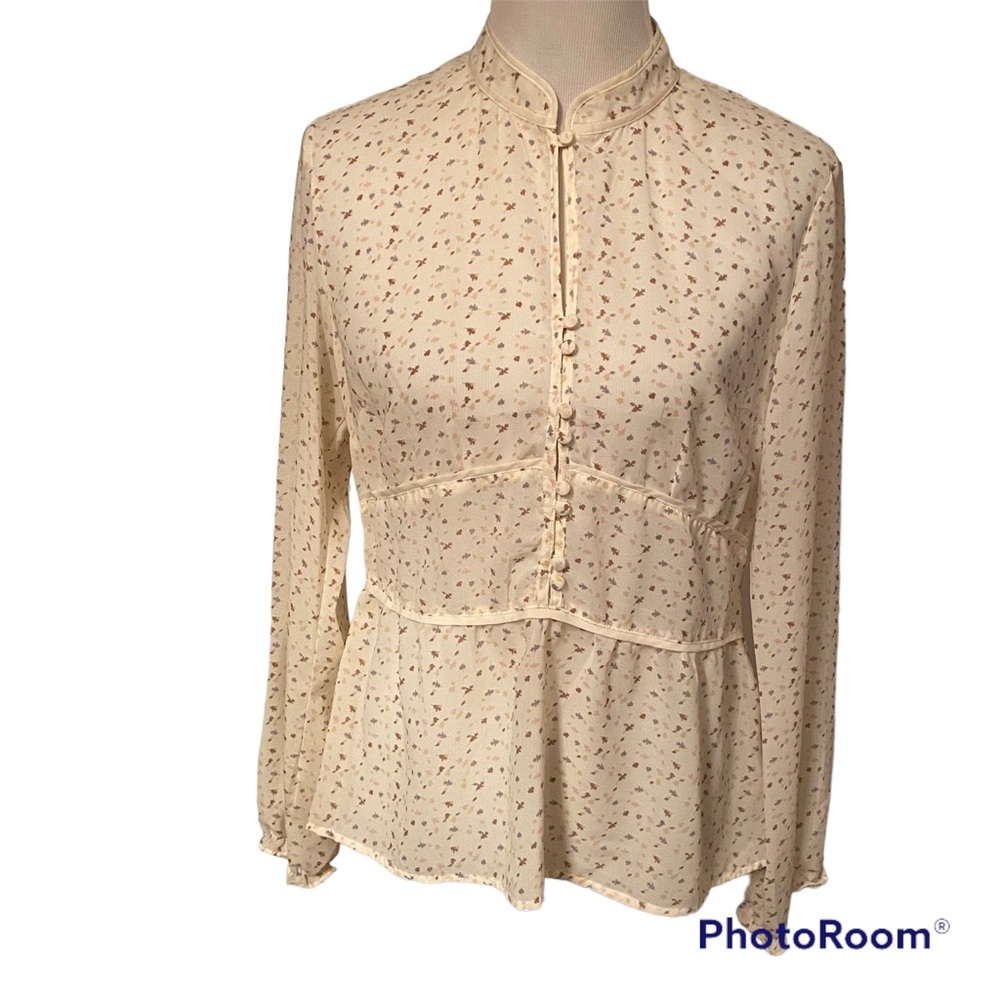 ZERO BRAND TOP BLOUSE SHEER CREAM BROWN LEAVES GRAY GERMAN SIZE 40 US 10 M